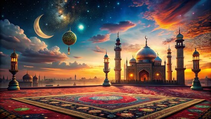 Ornate Rug, Minarets, Crescent Moon, Colorful Spheres: A Surreal Dreamscape
