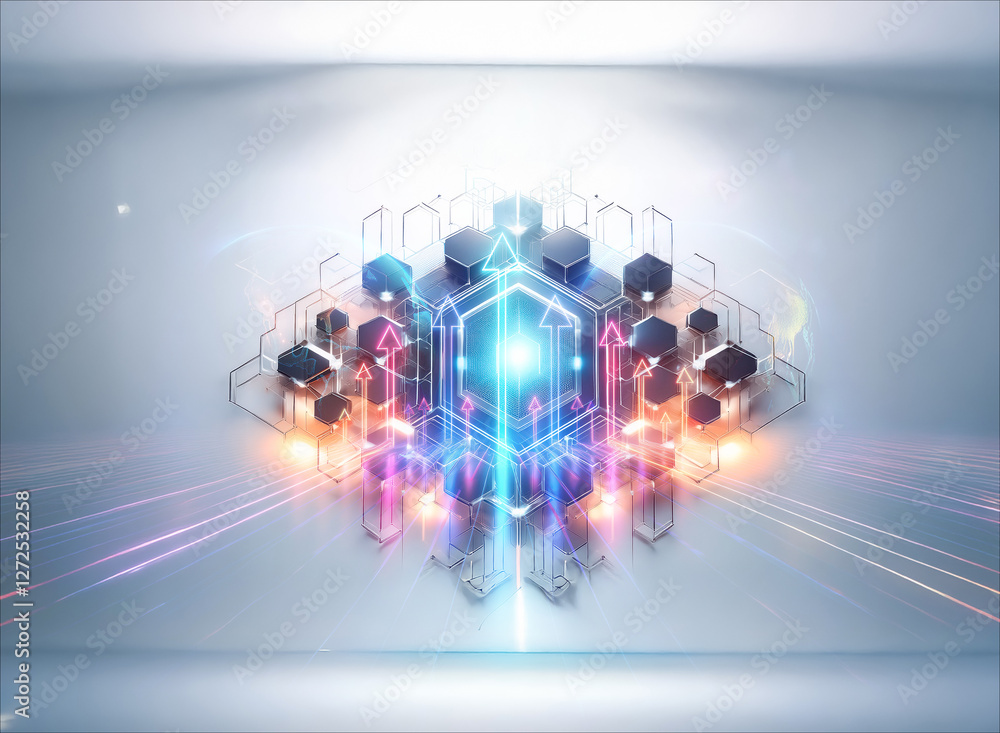 Poster abstract geometric figures surround a luminous hexagonal core. light rays project outwards, creating
