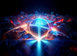 Fototapeta premium Futuristic city illuminated at night with neon lights. A vibrant glowing arrow points upward from a cubic structure in a digital and abstract scene.