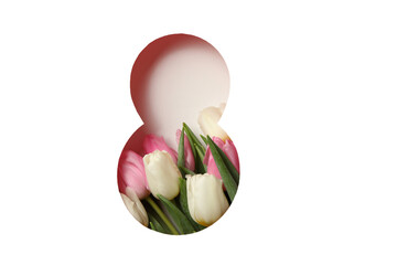 PNG, March 8. The number 8 is cut out of paper with flowers, isolated on a white background.