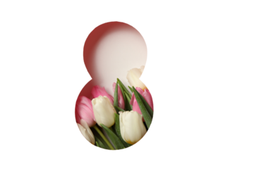 PNG, March 8. The number 8 is cut out of paper with flowers, isolated on a white background.