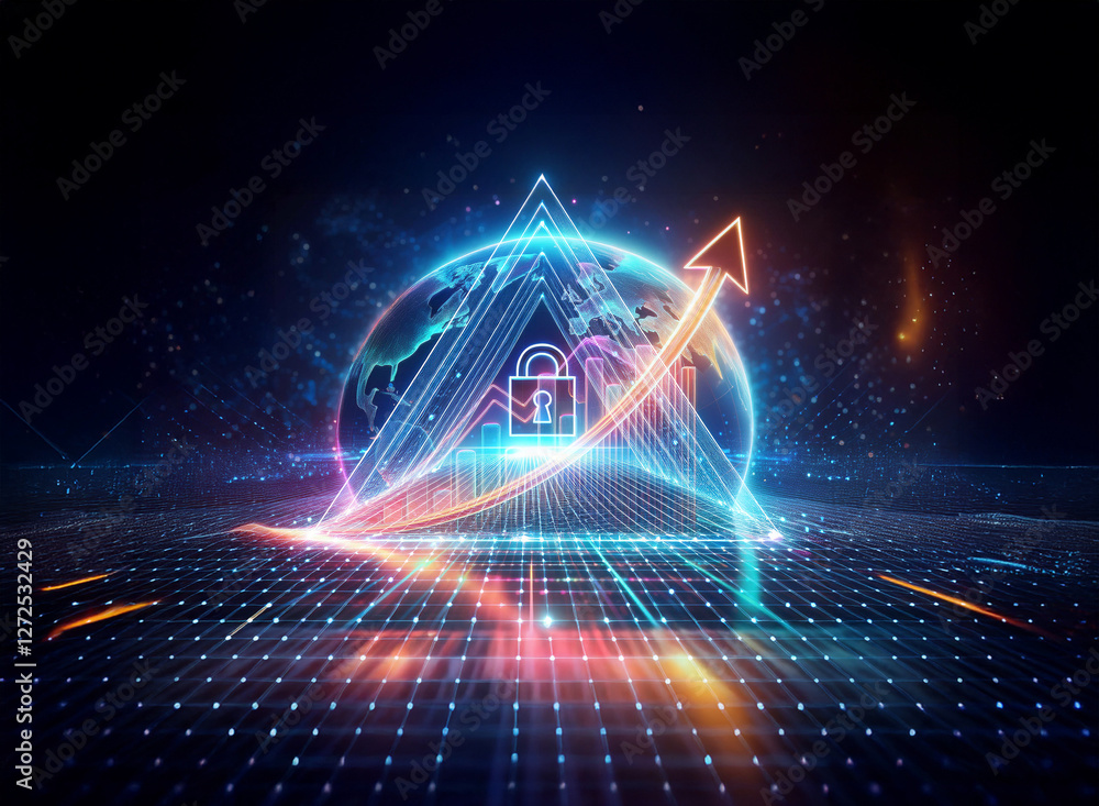 Poster a digital globe is secured with a padlock, an arrow points upwards on a grid surface. neon lights em