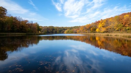 Autumn Reflections Over Still Water at a Scenic Lake : Generative AI