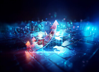 Obraz premium Futuristic digital landscape with glowing circuitry and upward arrows symbolizing growth and progress in a high-tech environment.