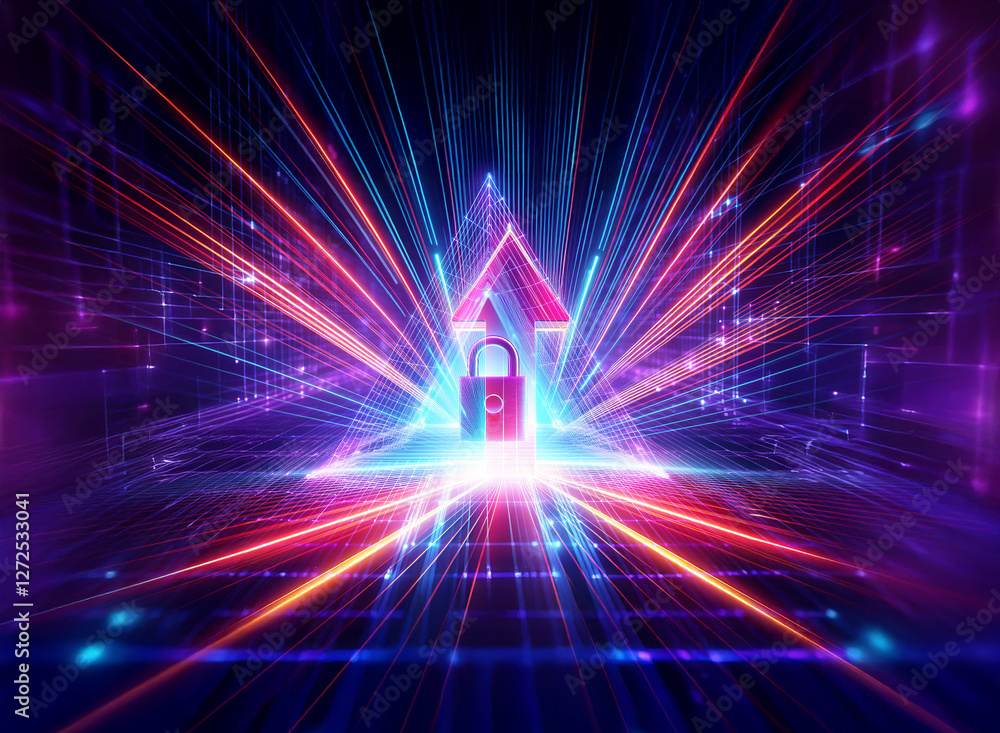 Poster futuristic digital security concept. glowing red padlock centered in a triangle of light rays pointi
