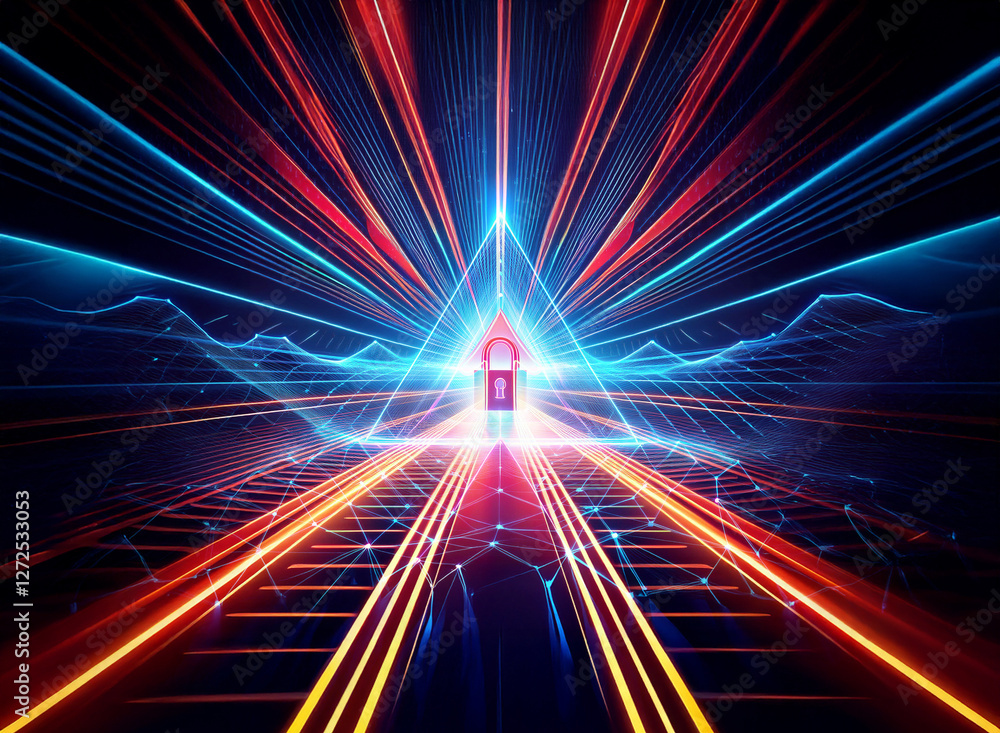 Poster glowing red and blue lines converge to a central lock, creating a digital path. abstract futuristic 