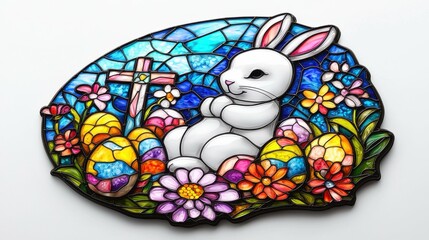Easter Celebration Stained Glass Art with Bunny Cross and Eggs