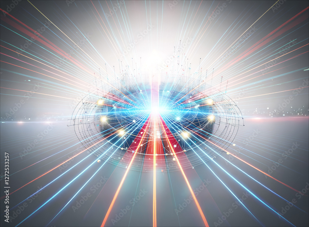 Aufkleber bright light source at the center with blue and red rays radiating outwards. circular element with d