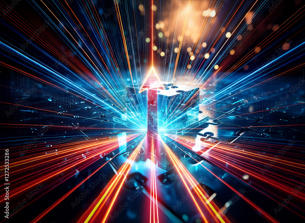 Aufkleber dynamic abstract image featuring converging blue and orange light rays. a central upward arrow empha