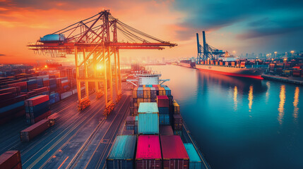 Container truck in ship port for business Logistics and transportation of Container Cargo ship and Cargo plane with working crane bridge in shipyard at sunrise, logistic import export and transport