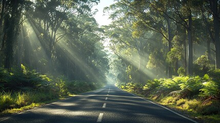 Fototapeta premium Sunbeams Illuminate Forest Road Through Lush Greenery