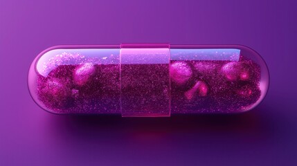 Open capsule with granules inside on dark purple background, health concept
