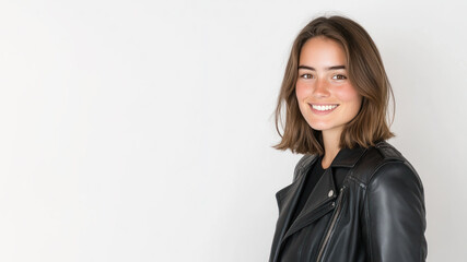 Obraz premium French happy woman wearing black leather jacket smiling isolated on white background