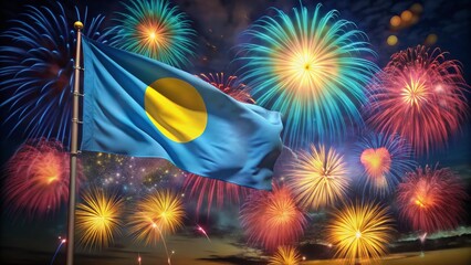 Palau Flag Waving, Fireworks Celebration, National Holiday, Patriotic Ceremony, Long Exposure Photography