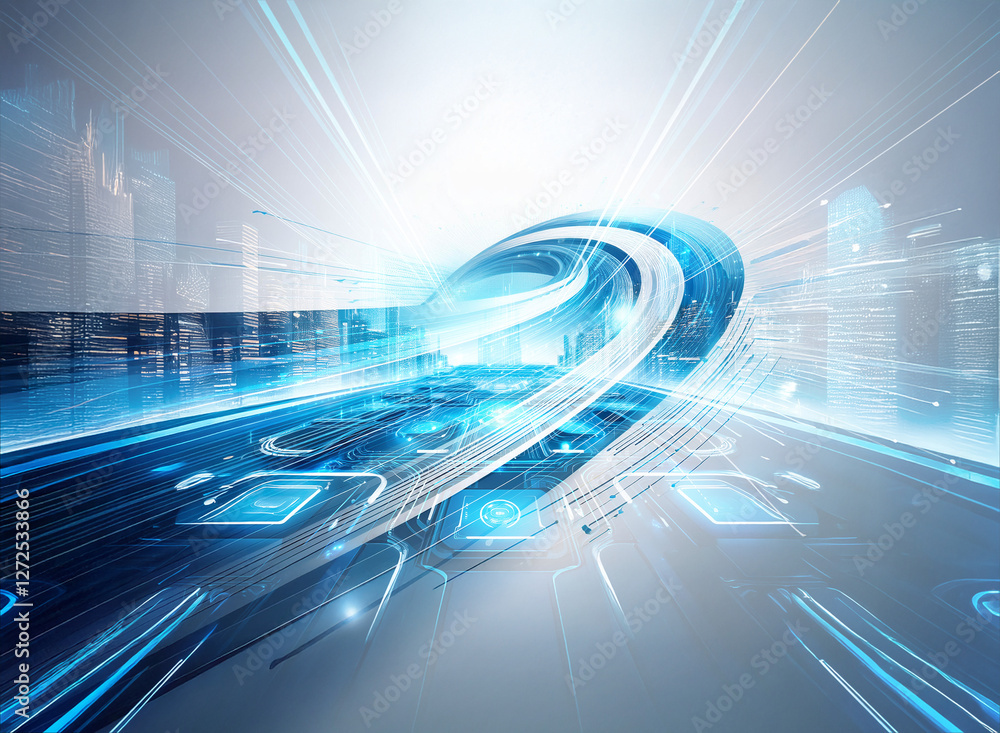 Poster abstract futuristic scene with glowing blue lines creating a curved path. digital and technological 