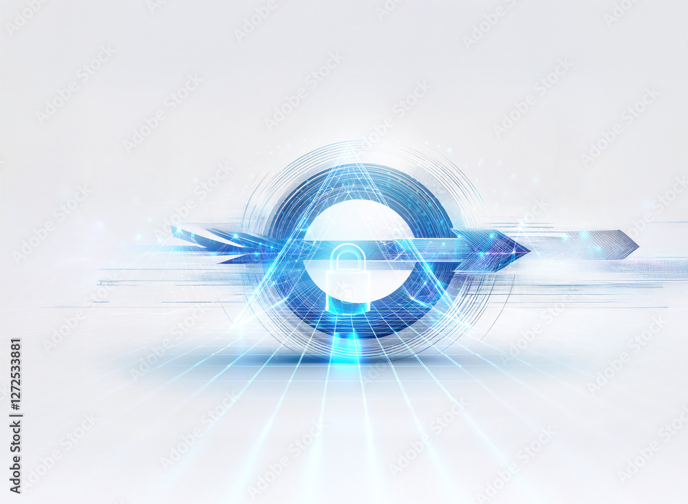 Poster futuristic blue geometric design featuring a triangle within a circle and an arrow, illuminated with