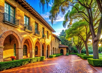 Fototapeta premium Palo Alto Brick Building, Archway Walkway, Green Park Scene - Stock Photo