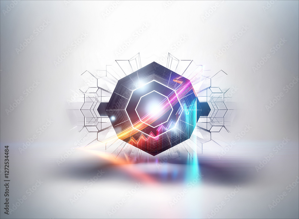 Aufkleber abstract geometric hexagon with vibrant light streaks emanating from its center, casting soft shadow