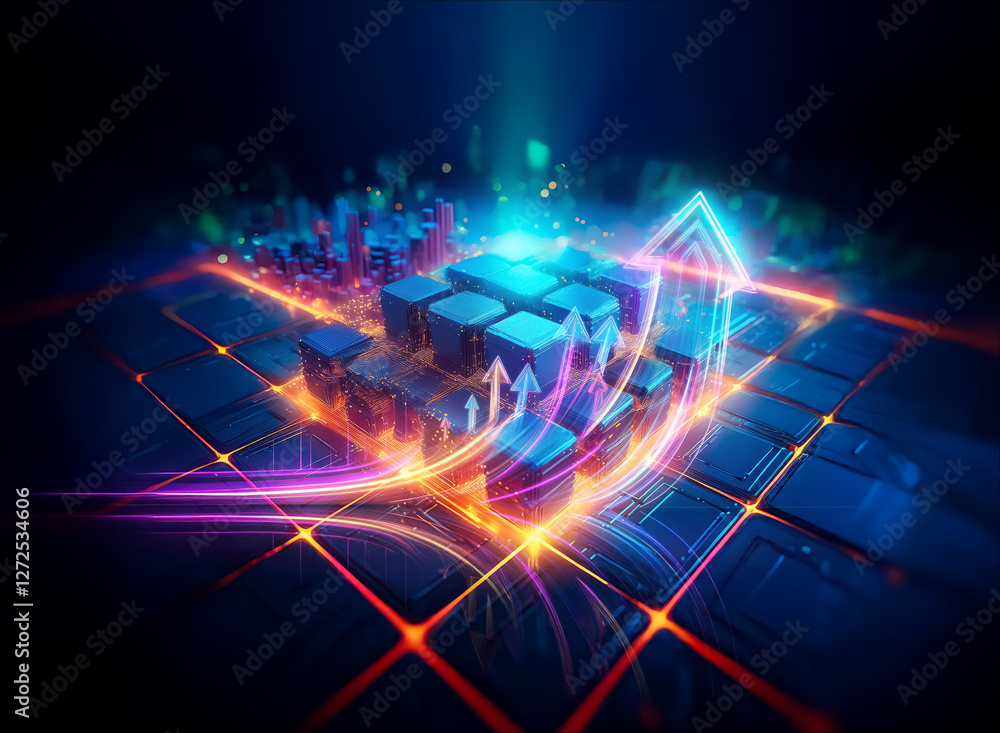Poster futuristic abstract scene: glowing blocks and lines suggest digital growth. upward arrow symbolizes 