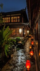 Naklejka premium Red Lanterns Light Stone Path to Illuminated Asian Building at Night