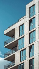 Balconies adorn the facade of a stylish modern building, emphasizing sleek lines and geometric shapes. The structure stands out against the vibrant blue sky, inviting exploration and appreciation