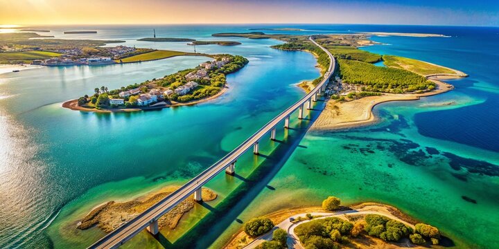 Panoramic Aerial View: Arabat Arrow, Bridge, Village, and Sea