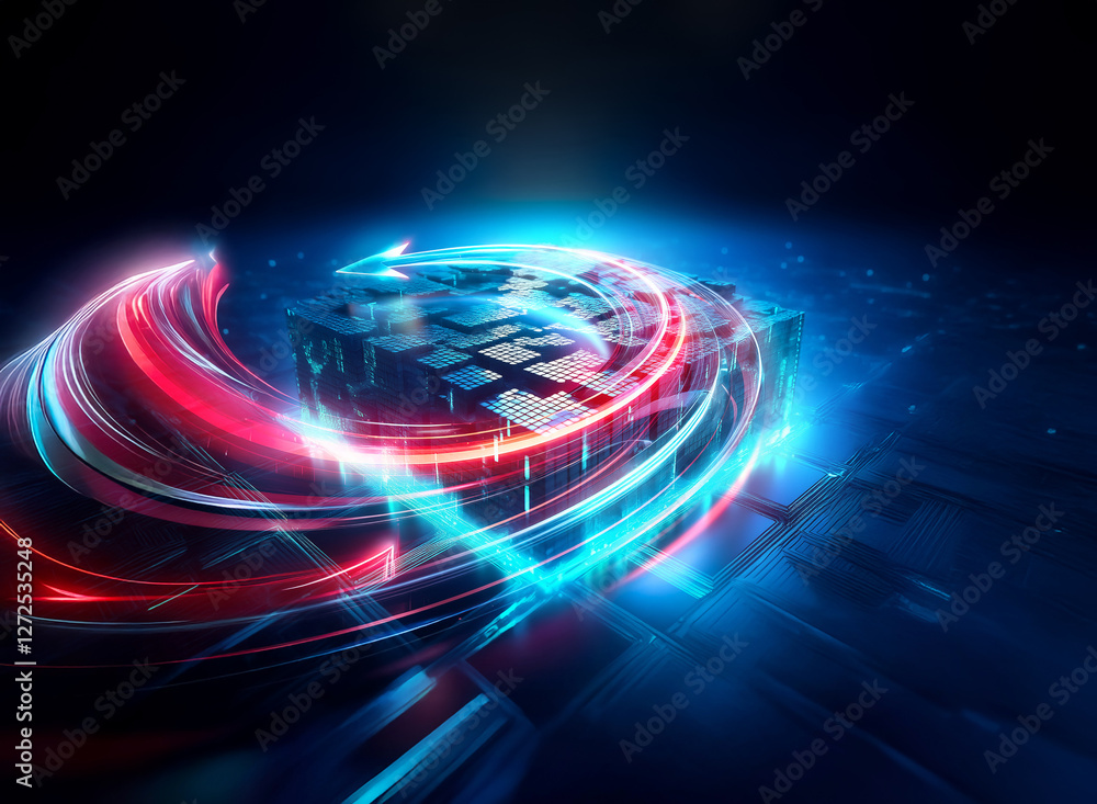 Aufkleber abstract geometric cube with vibrant red and blue light streaks swirling around it. dynamic composit
