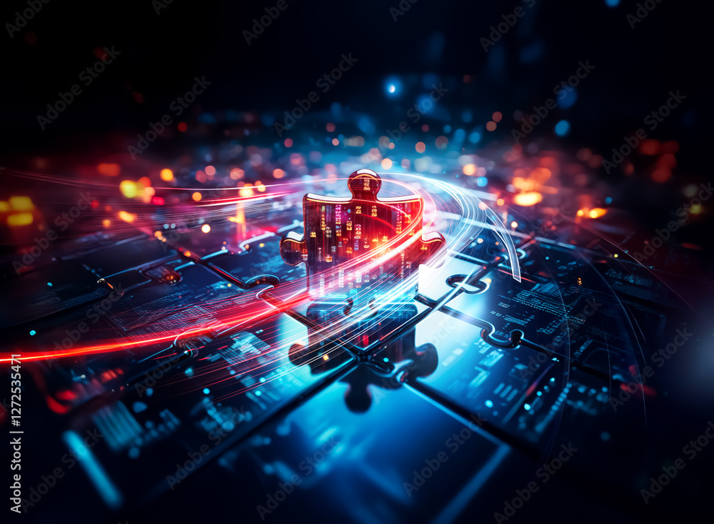 Poster a glowing, abstract technological structure made of interconnected puzzle pieces dominates a dark su