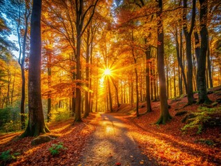Panoramic Autumn Forest Sunlight Red Leaves - Fall Foliage Nature Scene