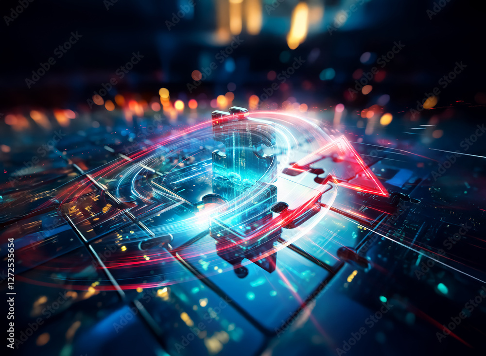 Aufkleber futuristic abstract tech scene with vibrant blue and red light trails. geometric shapes and bokeh cr
