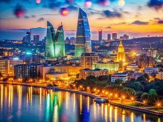 Obraz premium Panoramic Baku Skyline: Modern Architecture & Cityscape at Night with Bokeh
