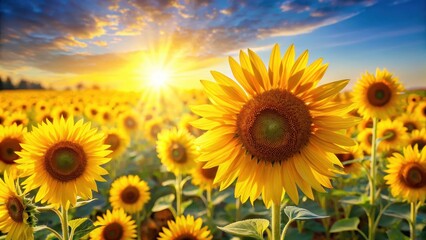 Obraz premium Golden Sunflowers Basking in the Warm Glow of a Sunset Over a Vast Field