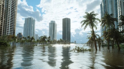Obraz premium Coastal City Submerged Under Floodwaters Buildings And Palm Trees