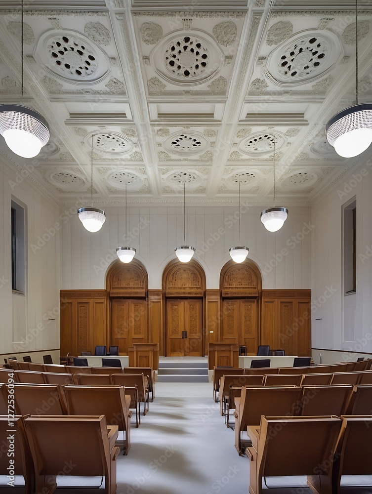 Poster stunning view of an empty courtroom interior with beautiful architecture and lighting : generative a