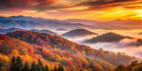 Autumnal Mountain Majesty A Sunrise Panorama of Misty Hillsides and Vibrant Foliage