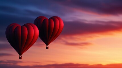 Obraz premium Heart Shaped Hot Air Balloons Floating at Dusk Against a Colorful Sky Romantic Valentine Celebration