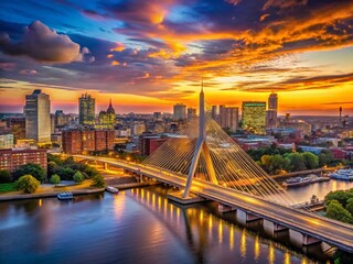 Fototapeta premium Panoramic Boston Skyline Twilight Zakim Bridge Cityscape Photography