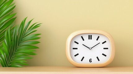 Modern Wooden Clock on Shelf with Green Plant Against Yellow Wall