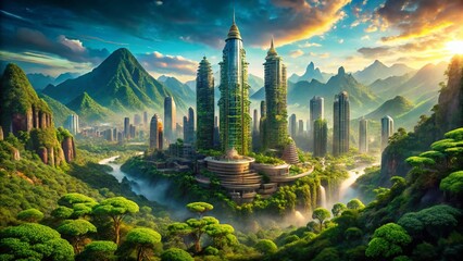 Panoramic Cityscape: Lush Mountains Embrace Modern Metropolis