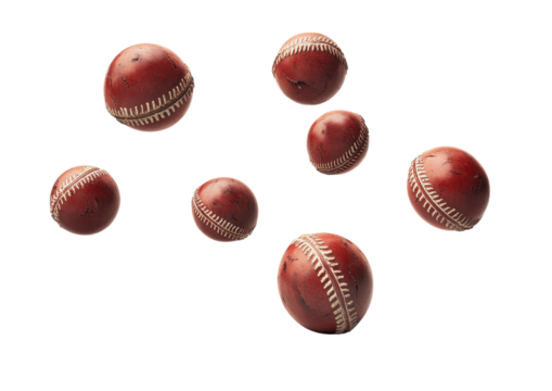 Floating collection of small red American footballs isolated on a transparent background