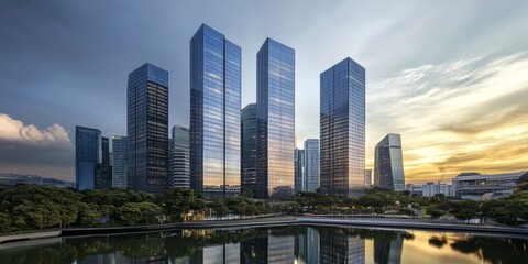 Obraz premium Modern office buildings with sleek glass facades, reflecting contemporary urban design