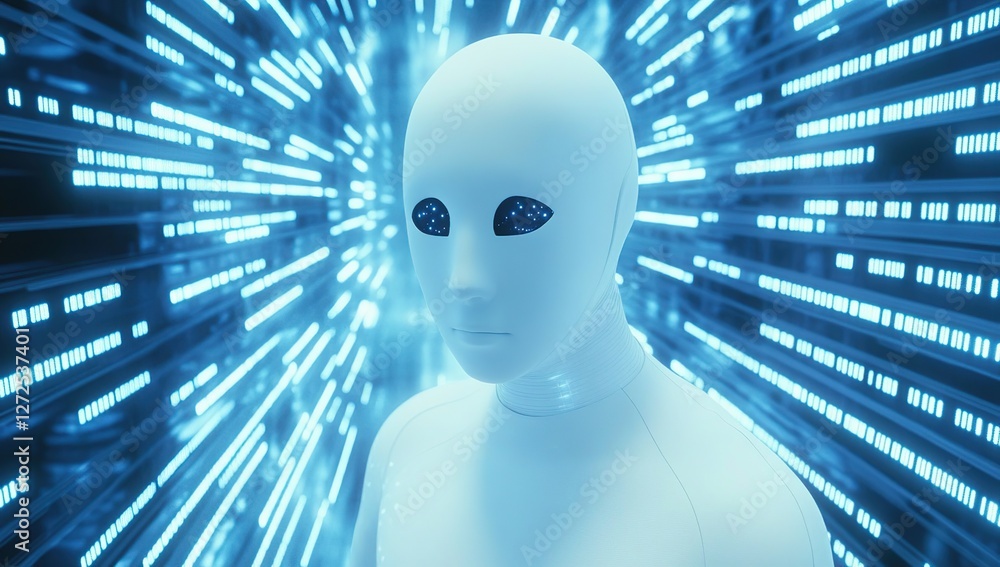 Poster exploring ai sentience: a futuristic robot in a digital world of data streams