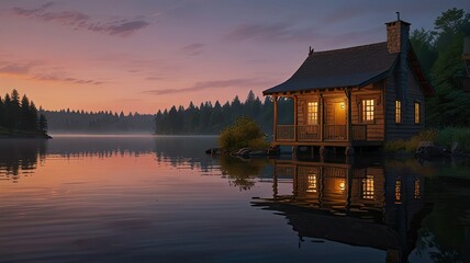 Fototapeta premium A peaceful cabin sits by a tranquil lake illuminated by warm light as twilight casts gentle colors across the water and surrounding trees