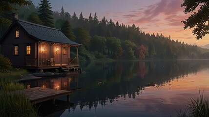 Obraz premium Calm waters reflect a vibrant sunset as a cozy cabin stands peacefully by the lake nestled among tall trees inviting tranquility and warmth