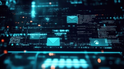 Obraz premium cyber security phishing framework, Abstract Teal and Orange Digital Background with Email Icons and Data