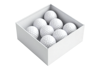 White box containing multiple neatly arranged golf balls isolated on a transparent background