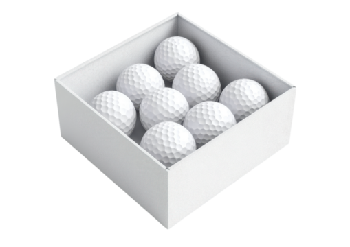 White box containing multiple neatly arranged golf balls isolated on a transparent background - Powered by Adobe