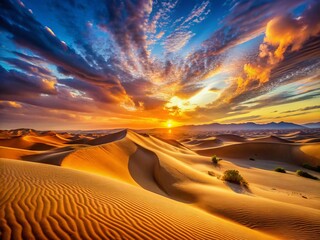 Naklejka premium Panoramic Desert Landscape: Vast Expanse of Sand Dunes at Sunset