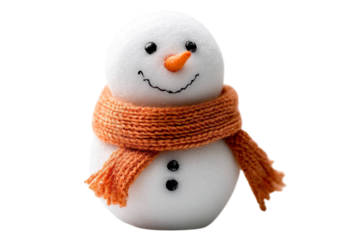 Realistic snowman with a bright orange scarf and carrot nose isolated on a transparent background