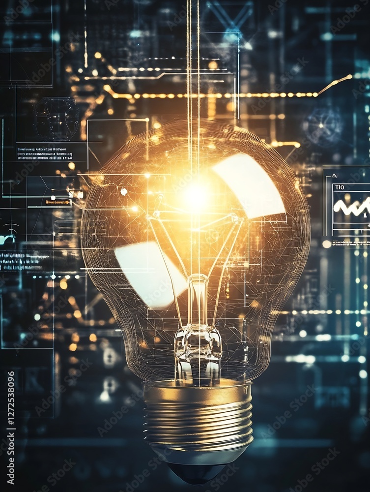 Poster stunning digital lightbulb illuminated in technology and innovation design concept : generative ai